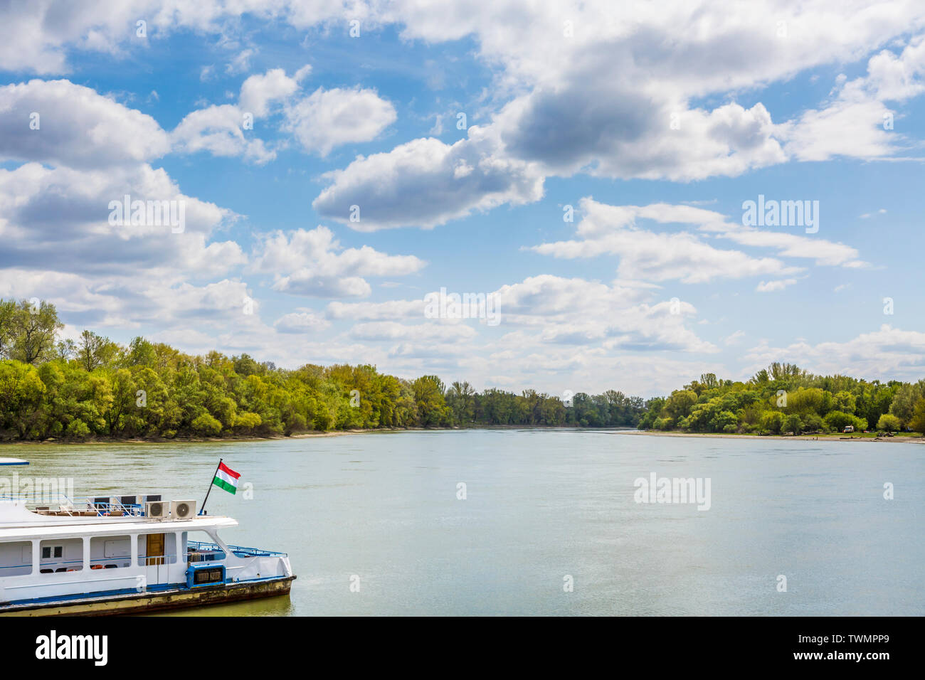 Danube river boat with Hungarian flag at Szentendre, Hungary Stock Photo