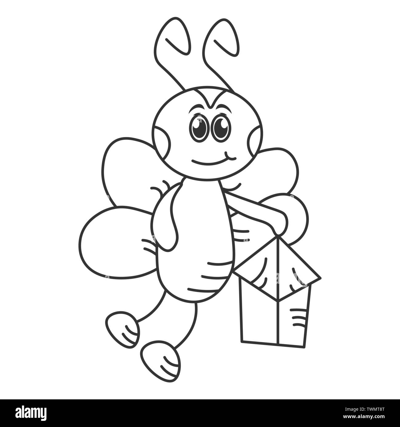 Happy hornet with a flashlight. Outline drawing. Vector illustration Stock Vector