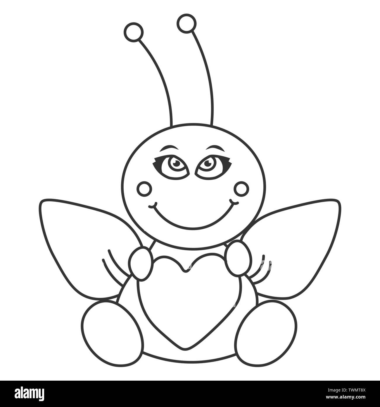 Happy bee sits embracing with a heart. Outline drawing. Vector illustration Stock Vector