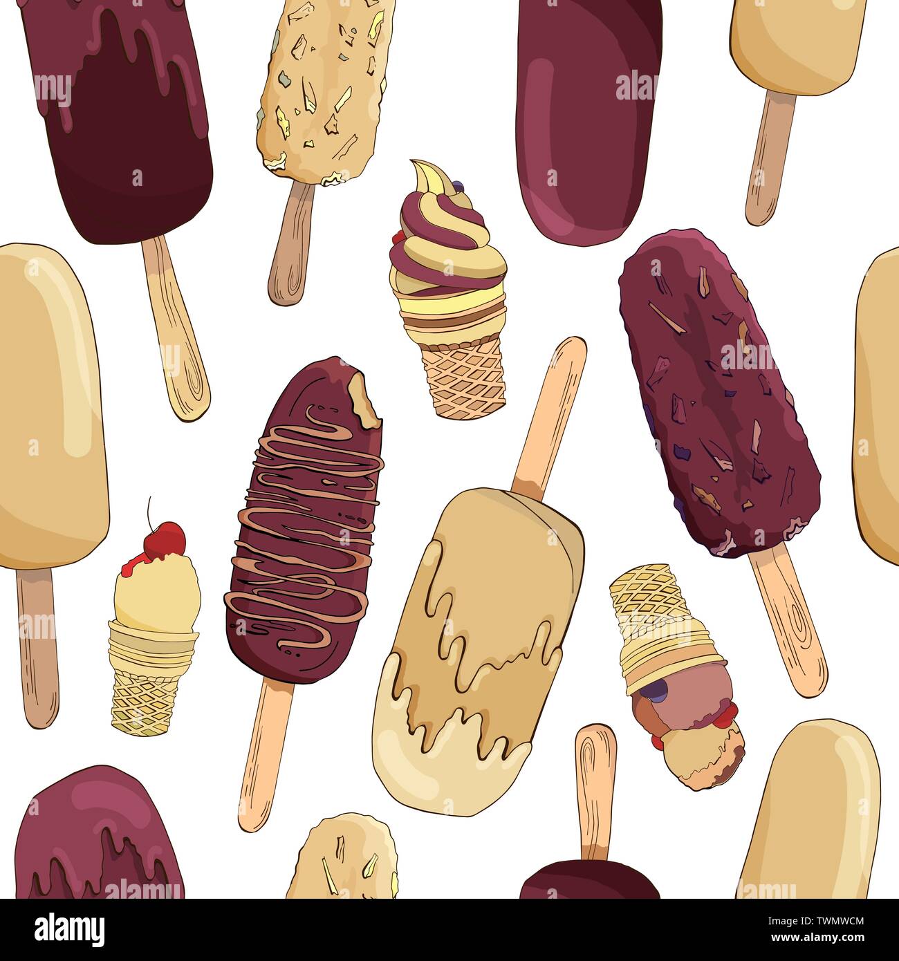 Vector seamless pattern. Endless textures with hand drawn chocolate ice cream and eskimo pie. Vector elements in dark chocolate beige creamy colors Stock Vector