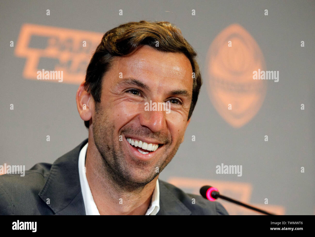 The former captain of Shakhtar Donetsk and Croatia national team Darijo Srna speaks during his first press conference as an assistant manager for Shakhtar Donetsk FC in Kiev. Stock Photo