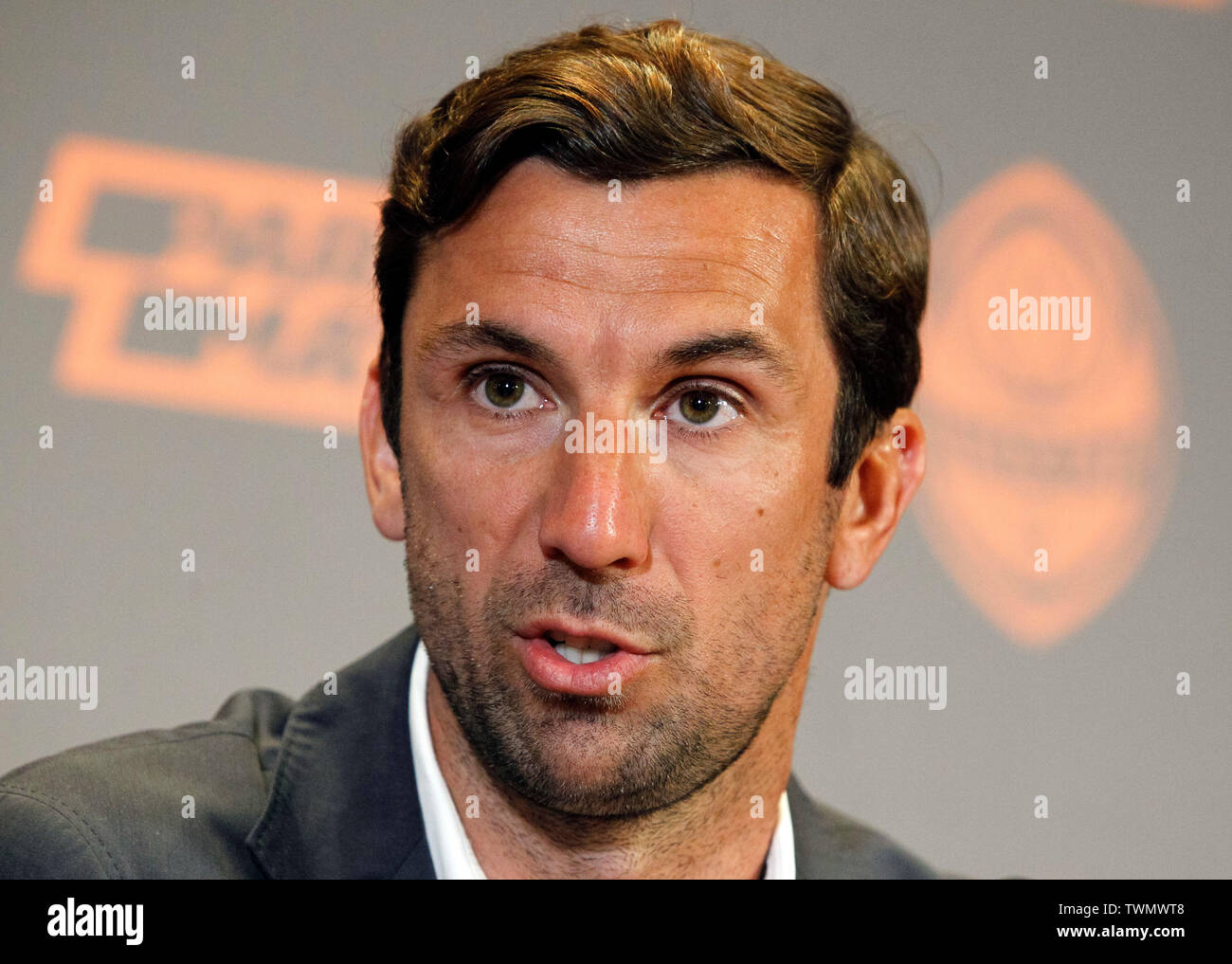 The former captain of Shakhtar Donetsk and Croatia national team Darijo Srna speaks during his first press conference as an assistant manager for Shakhtar Donetsk FC in Kiev. Stock Photo
