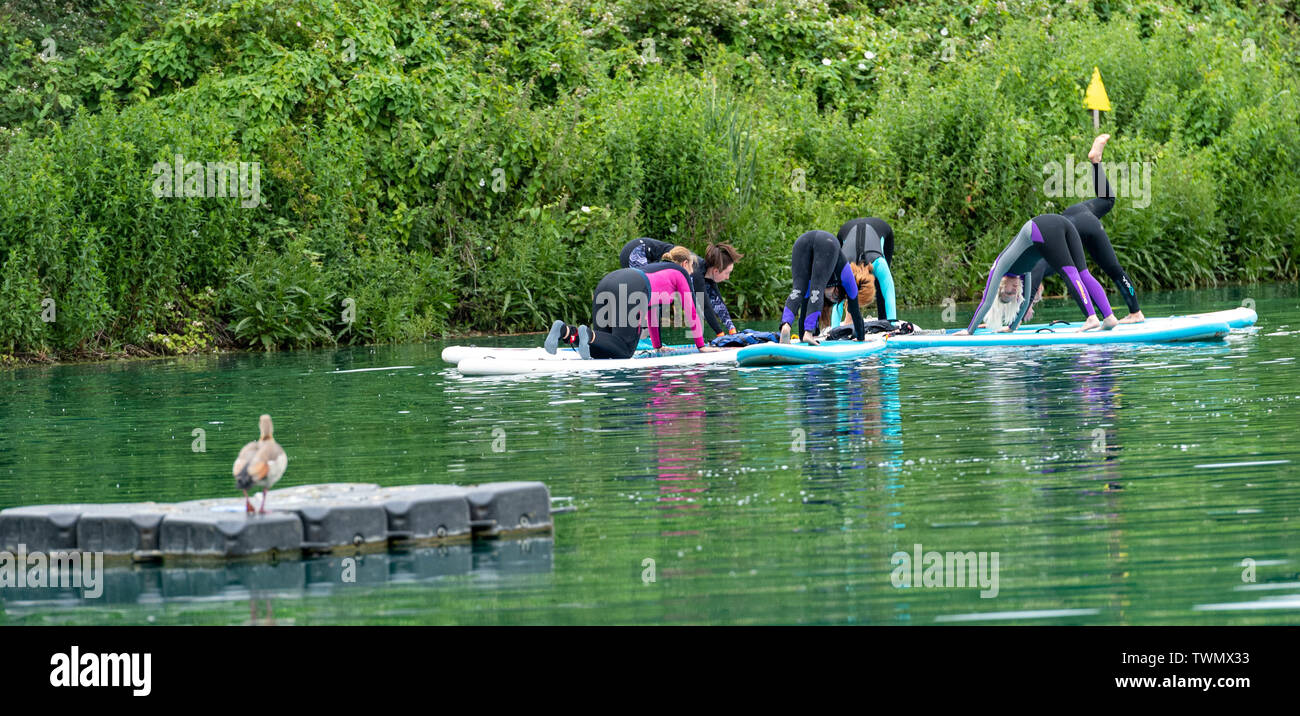 Upminster, Essex, UK. 21st June 2019. A new wellness initiative was launched today by Yogactive: Stand up Paddleboard Vinyasa yoga held at Stubbers Adventure Centre Upminster Essex Credit Ian Davidson/Alamy Live News Stock Photo