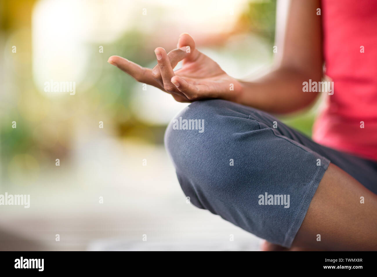 close-up detail shot of the Yoga hand position during meditation Stock Photo