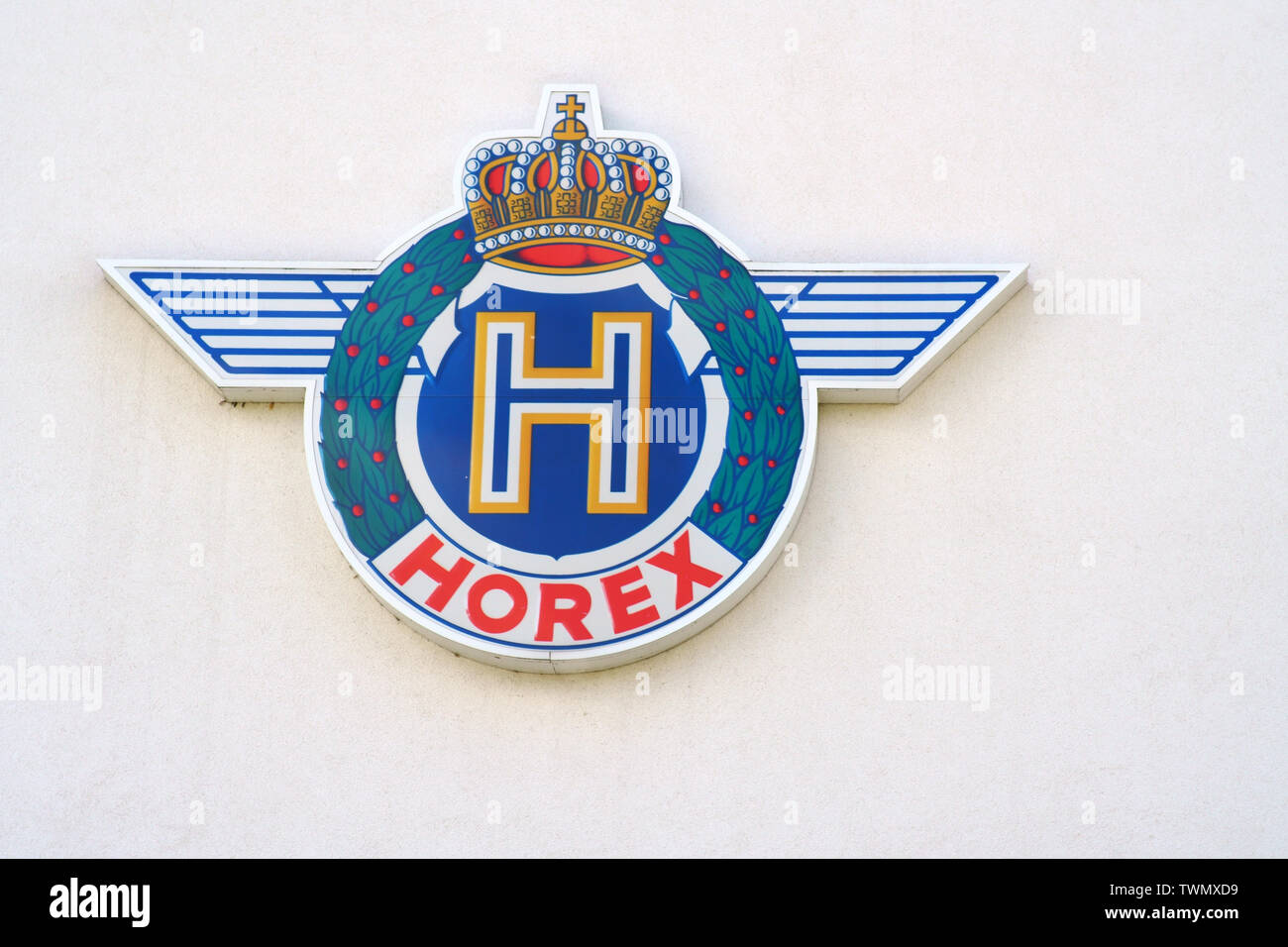 Bad Homburg, Germany - June 09, 2019: The coat of arms and logo of motorcycle manufacturer Horex at a museum on June 09, 2019 in Bad Homburg. Stock Photo