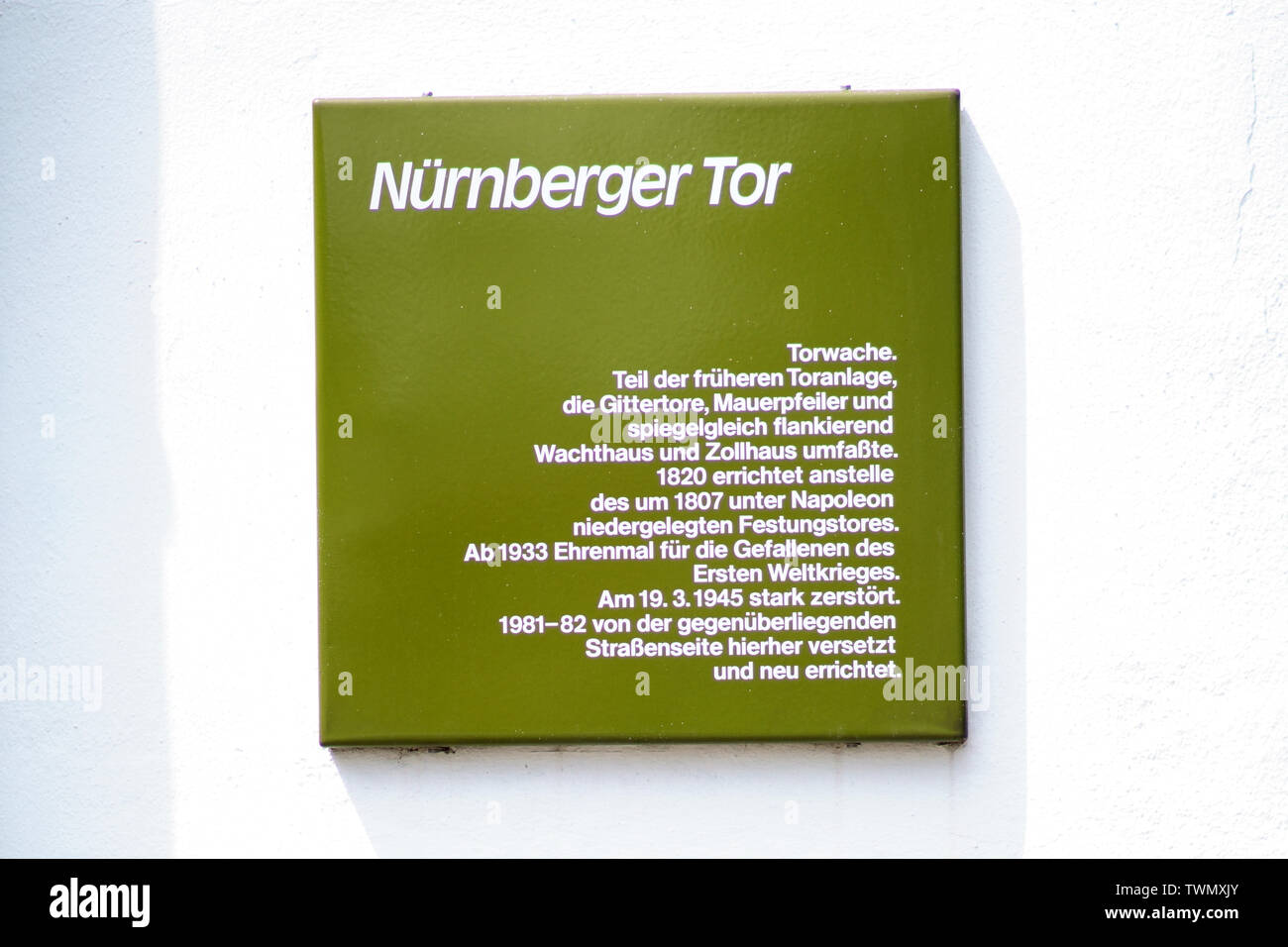 A history board of the Nuremberg Gate, a historic building and fortress gate in Hanau. Stock Photo