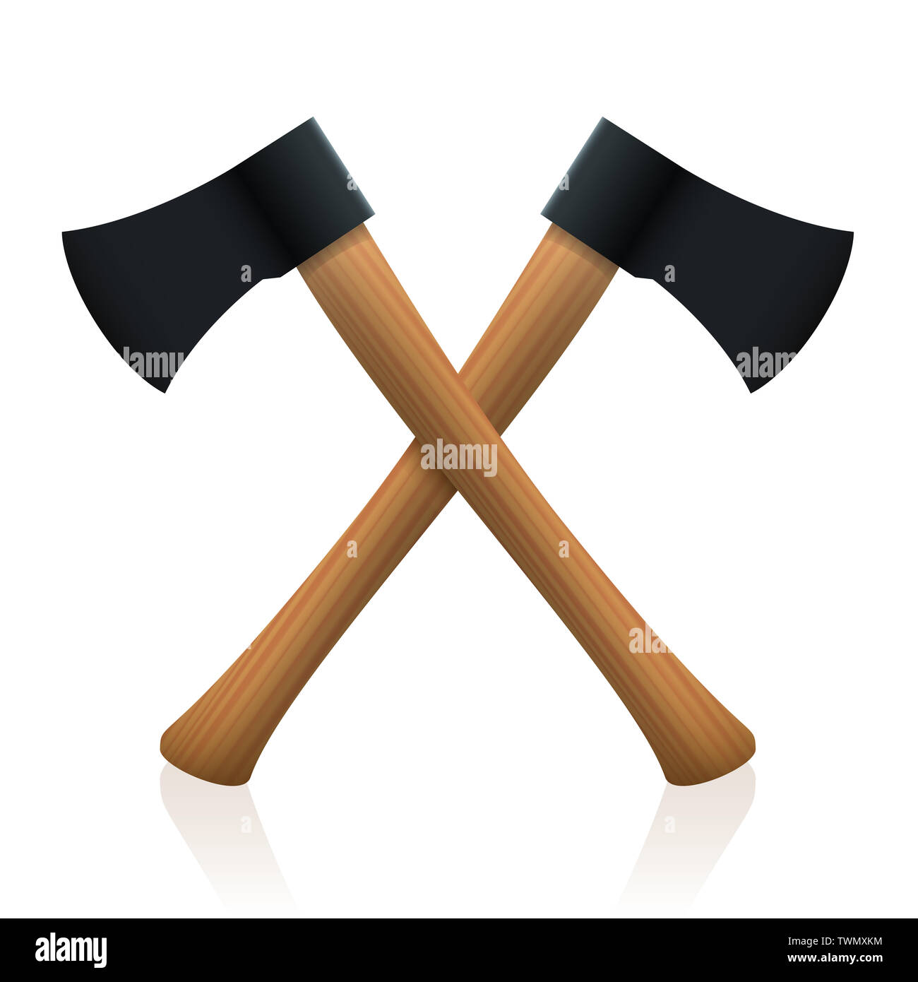 Crossed axes. Symbolic for lumberjack, firefighter or battles of the Middle Ages. Realistic 3D illustration on white background. Stock Photo