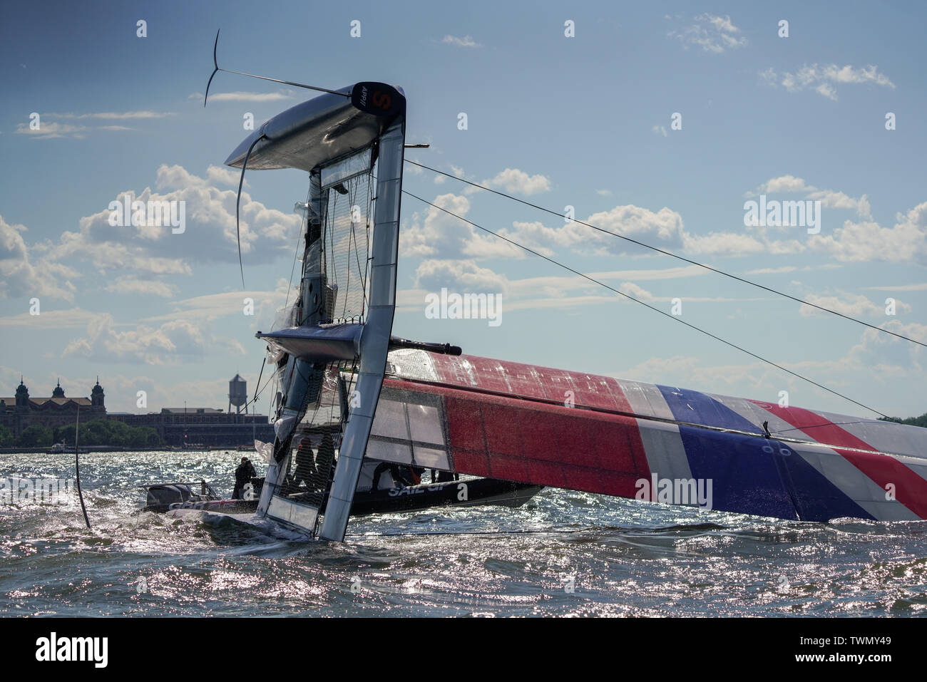 The Great Britain SailGP Team’s F50 after capsizing during the build-up to race 1 during Race Day 1 Event 3 Season 1 SailGP event in New York, United States. Stock Photo