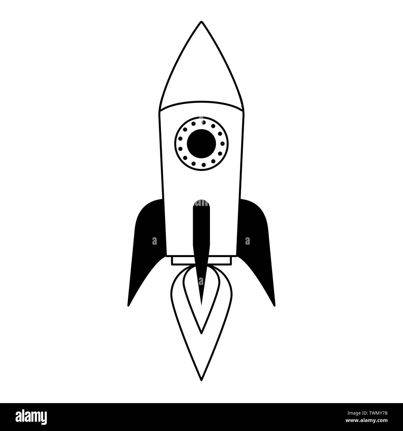 Spaceship rocket symbol isolated cartoon in black and white Stock