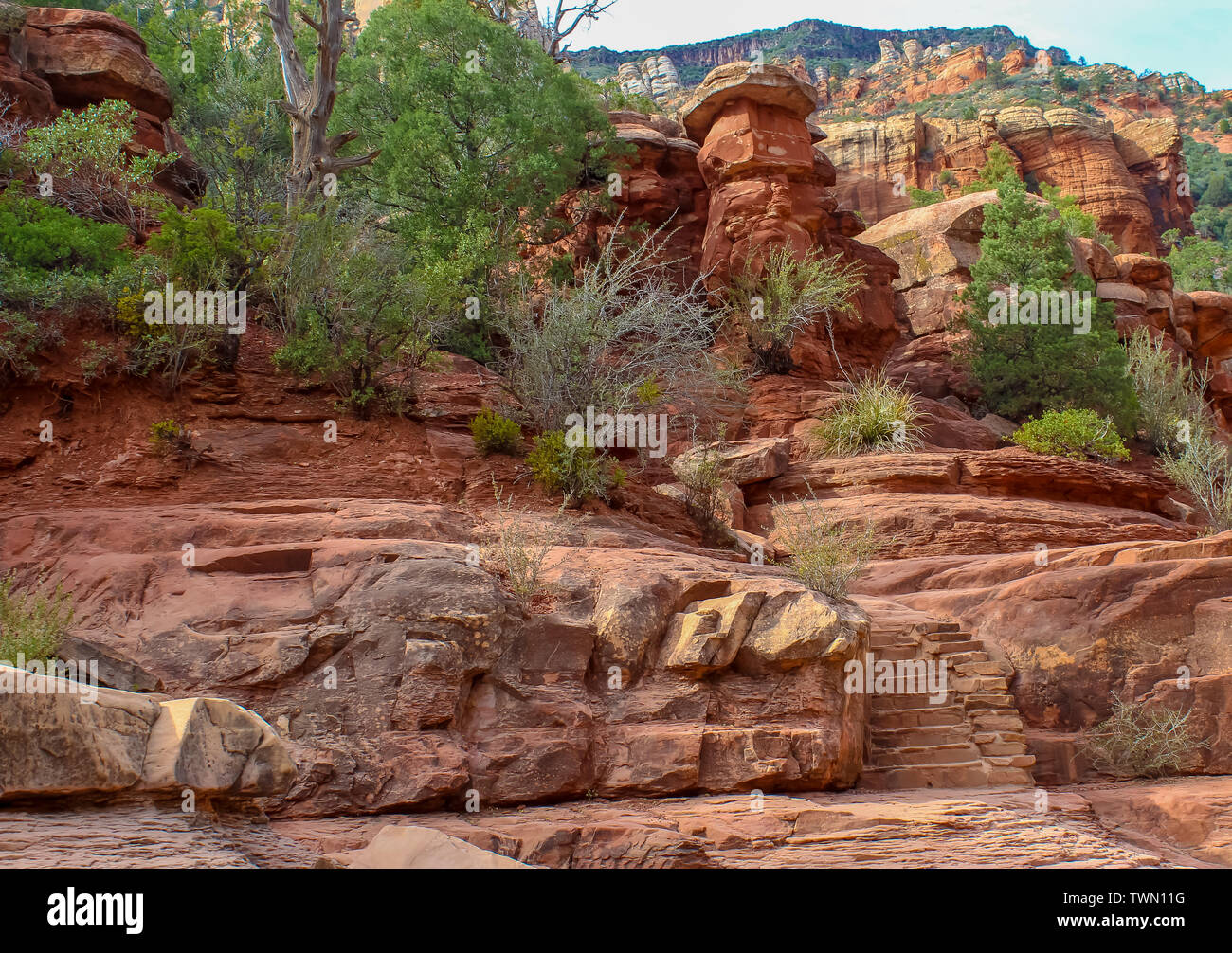 Slide Rock Sate Park in Sedona Arizona hike and rock stairs Stock Photo