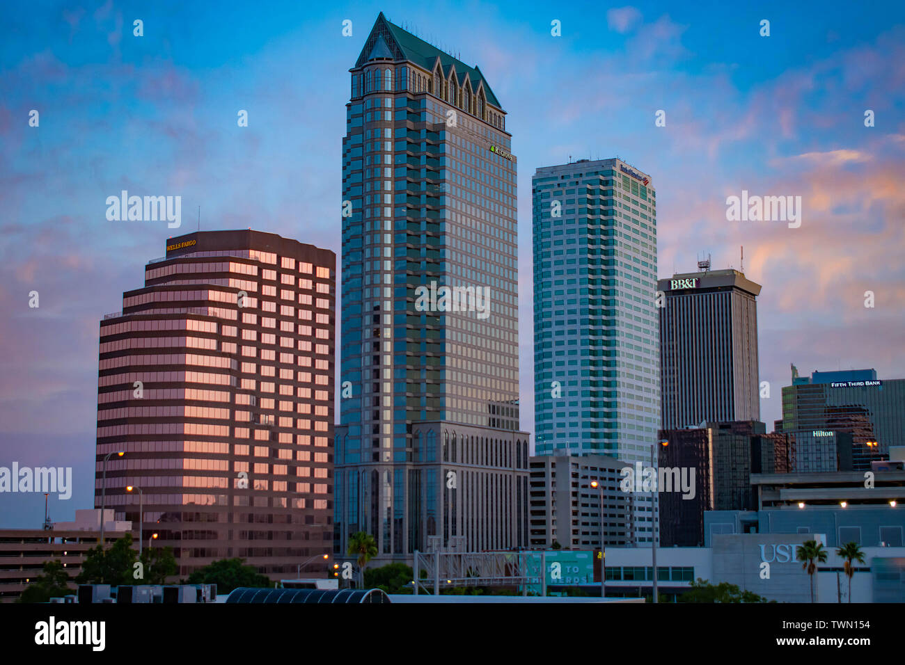 Tampa Bay, Florida. April 28, 2019 . Aerial view of Tampa Downtown on