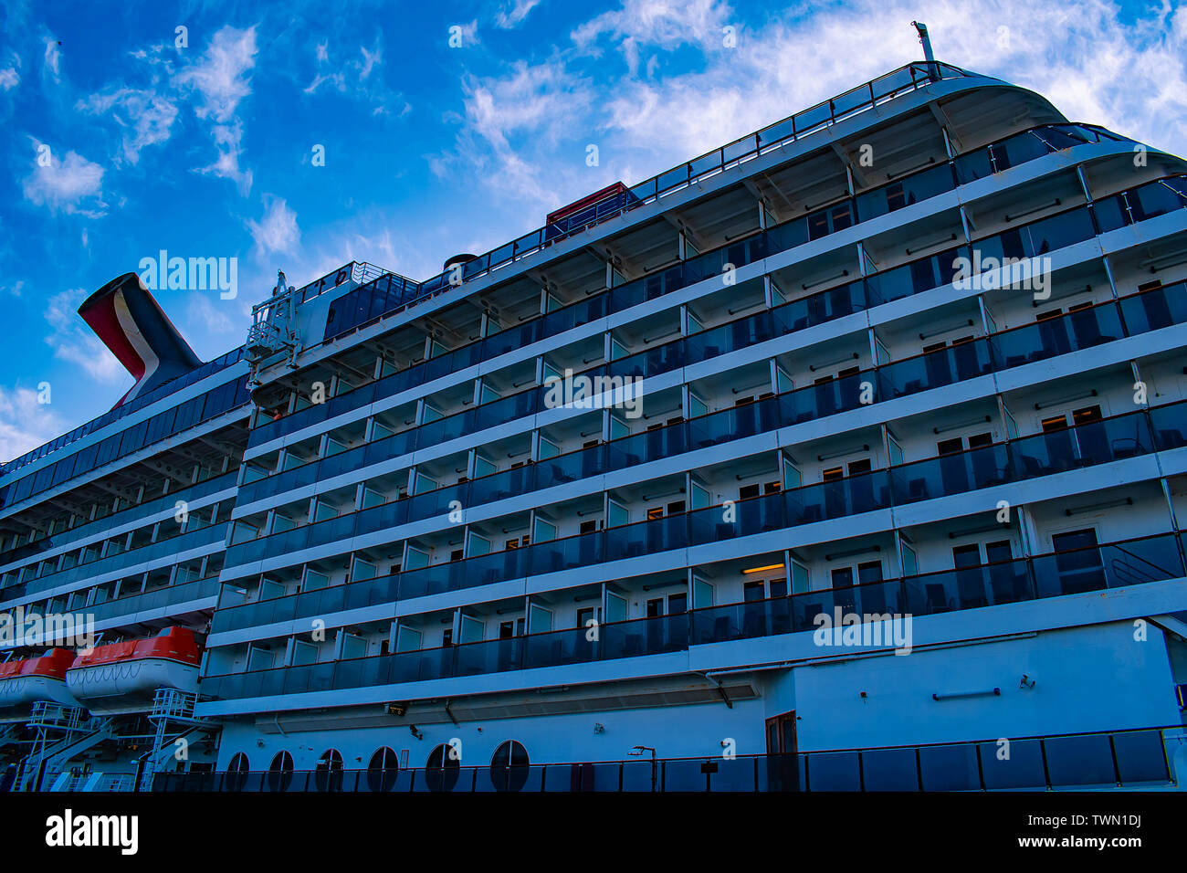 Tampa Bay, Florida. April 28, 2019. Partial view of Carnival Miracle on Cruise Terminal 3 at Port Stock Photo