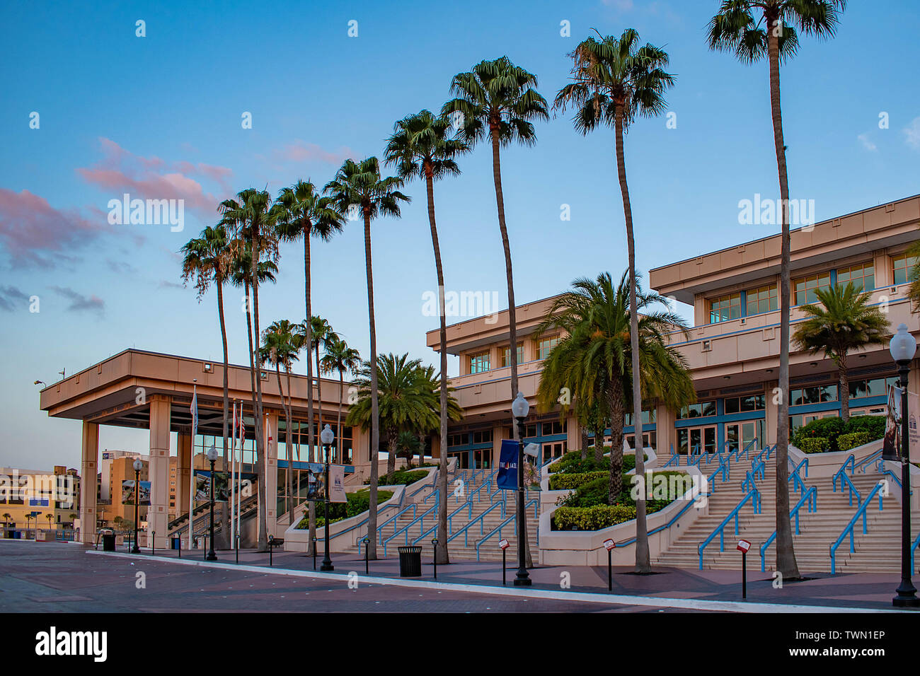 Tampa Bay, Florida. April 28, 2019. Tampa Convention Center and palm