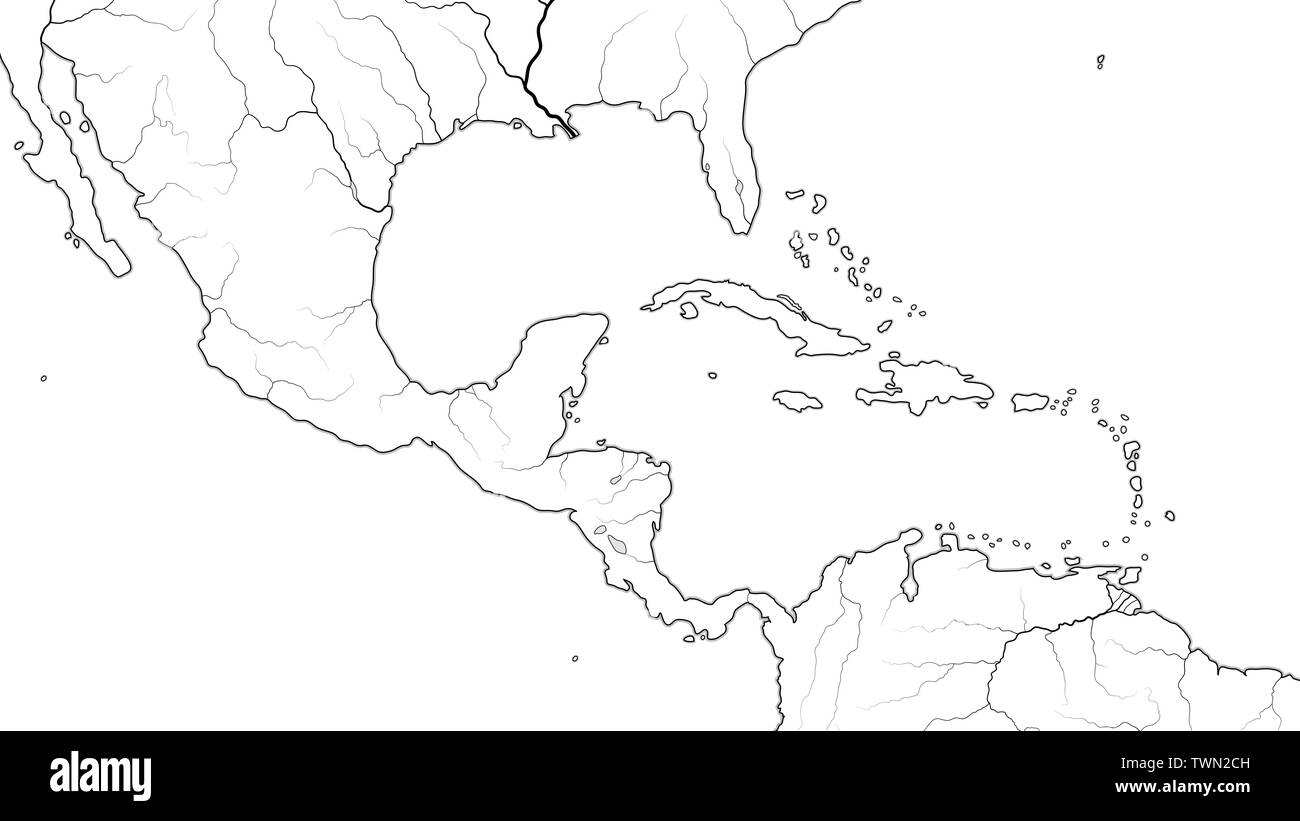 World Map of CENTRAL AMERICA and CARIBBEAN BASIN REGION: Mexico, Cuba, Guatemala, Yucatan, Caribbean Islands, Antilles, Bahamas, Panama Canal. Chart. Stock Photo