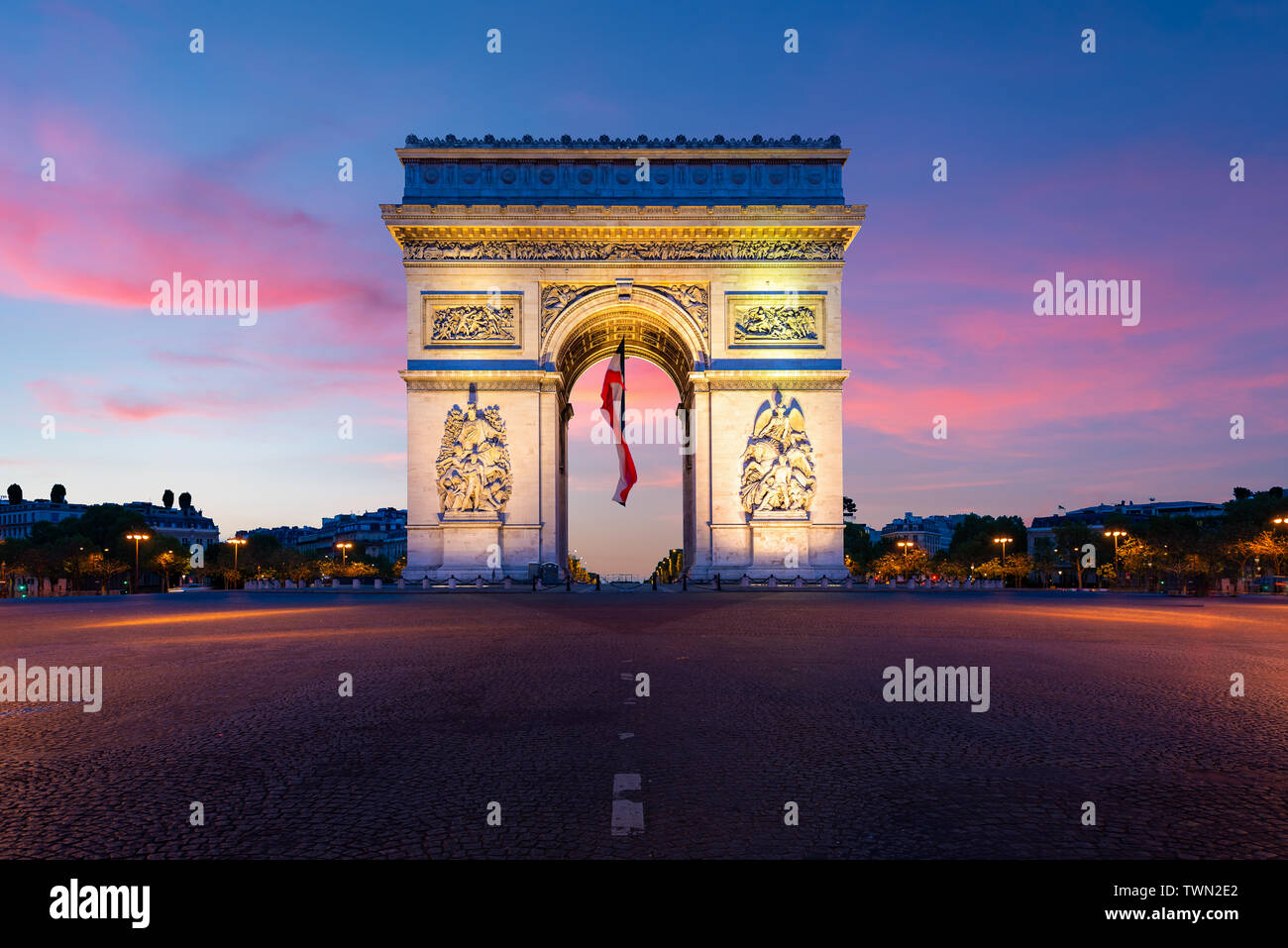 Arc de Triomphe de Paris at night in Paris, France. Stock Photo