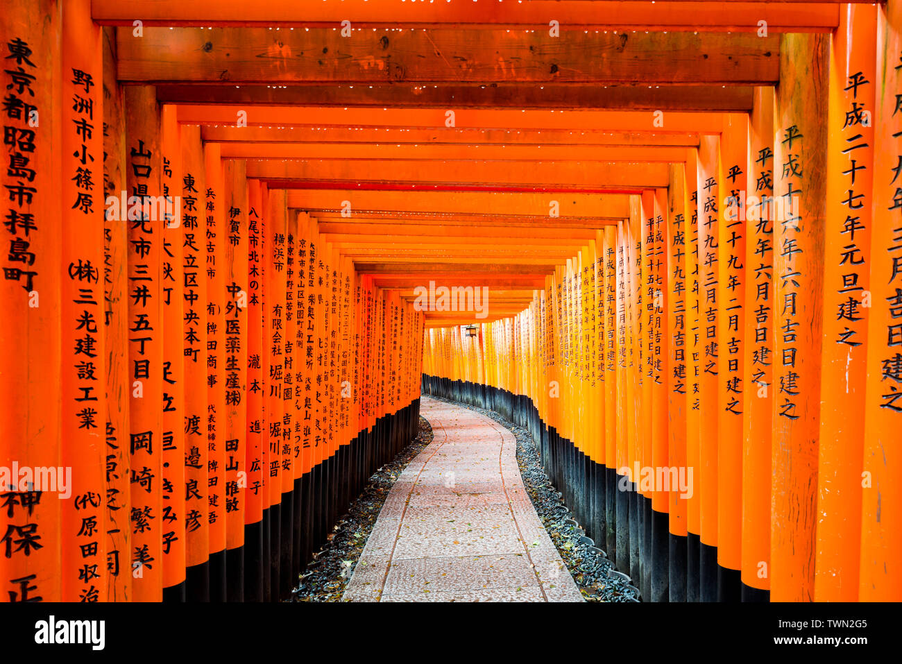 Red Tori Gate at Fushimi Inari Shrine in Kyoto, Japan. Stock Photo