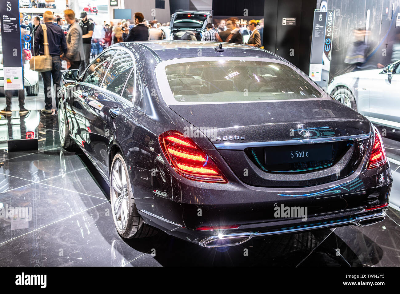 Paris, France, Oct 2018 Mercedes-Maybach S 560 E 4MATIC Plug-in Hybrid EQ Power Limousine, Mondial Paris Motor Show, s-class car by Mercedes Benz Stock Photo