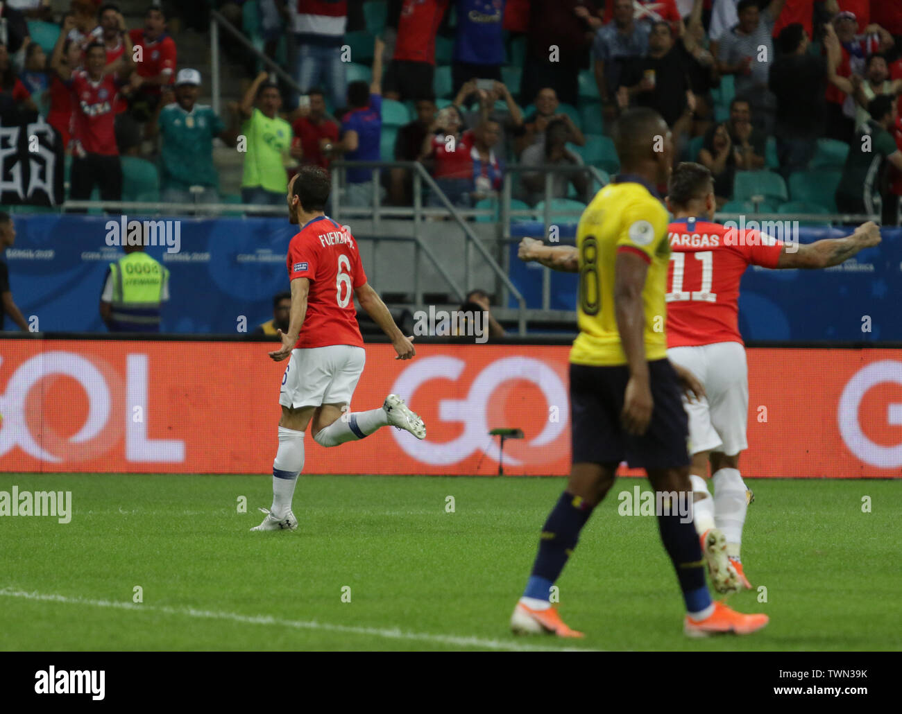 Salvador, Brazil. 21st June, 2019. Fuenzalida, celebrating a goal during a match between Ecuador and Chile, valid for the group stage of the Copa America 2019, held this Friday (21) at the Fonte Nova Arena in Salvador, Bahia, Brazil. Credit: Tiago Caldas/FotoArena/Alamy Live News Stock Photo