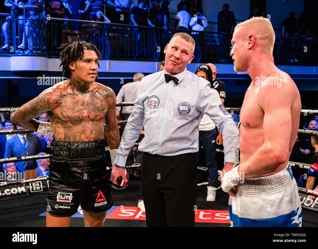 LONDON, UNITED KINGDOM. 21th Jun, 2019. Conor Benn vs Jussi Koivula - WBA Continental Welterweight Championship during Matchroomboxing presents Conor Benn vs Jussi Koivula - WBA Continental Welterweight Championship - Weigh-in at Stratford Circus Arts Centre on Friday, June 21, 2019 in LONDON UNITED KINGDOM.  (Editorial use only, license required for commercial use. No use in betting, games or a single club/league/player publications.) Credit: Taka G Wu/Alamy Live News Stock Photo
