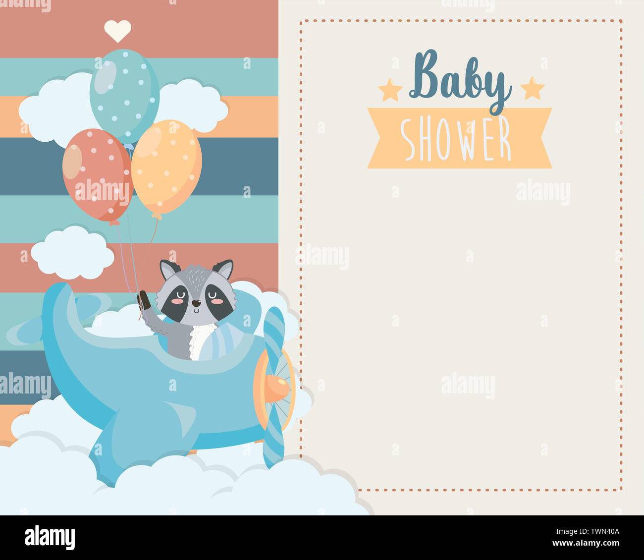 card of cute raccoon in the cradle and balloons to baby shower vector ...