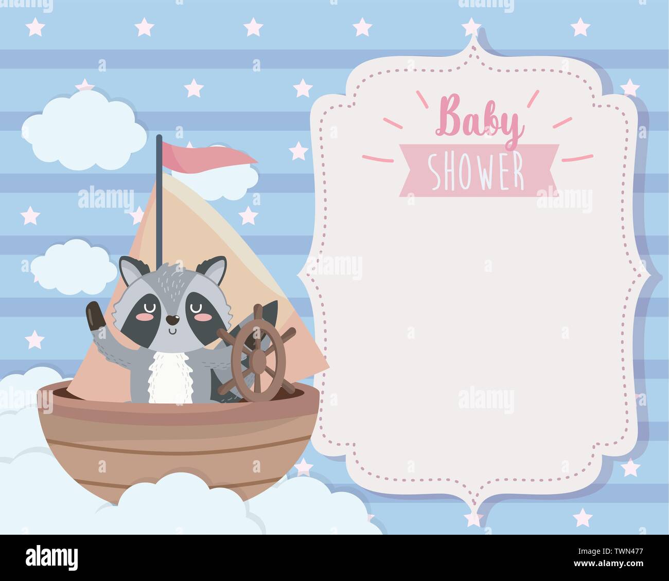 card of cute raccoon in the ship and clouds to baby shower vector ...