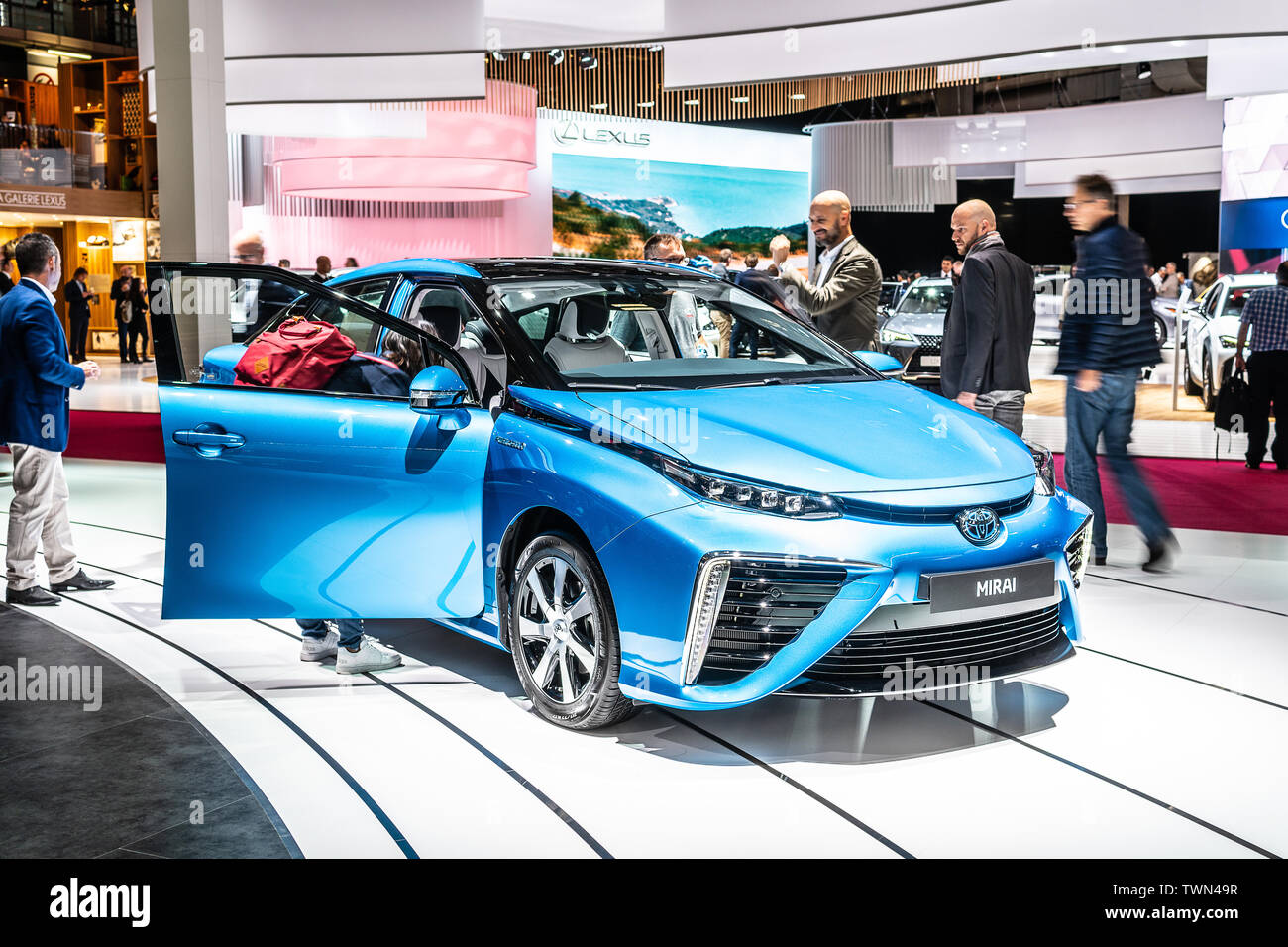 Paris, France, October 02, 2018: Toyota Mirai at Mondial Paris Motor Show, mid-size hydrogen fuel cell car manufactured by Toyota Stock Photo