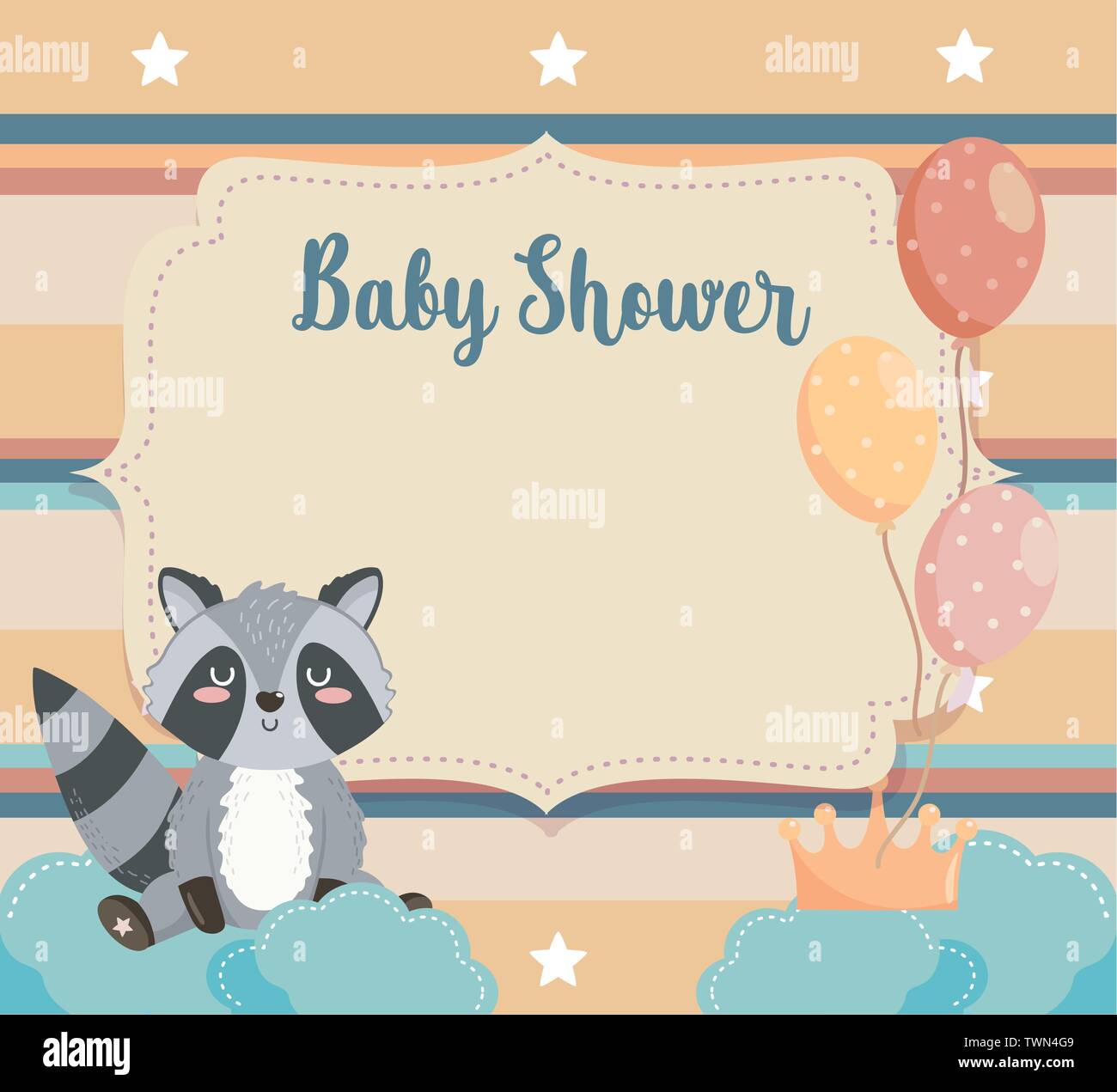 card of raccoon animal with balloons and clouds to baby shower vector ...