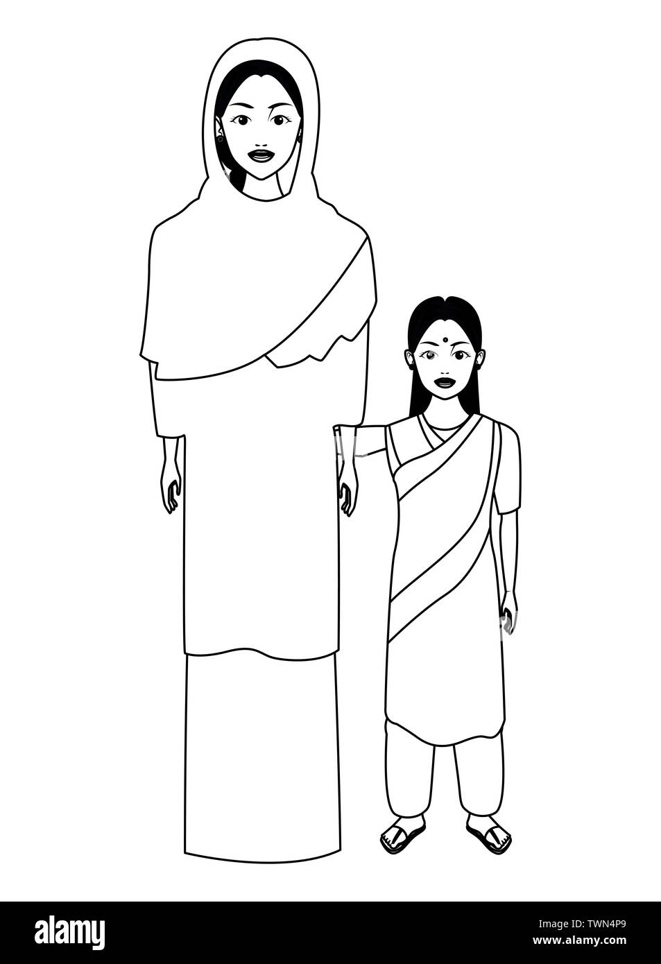 indian family avatar cartoon character in black and white Stock Vector ...