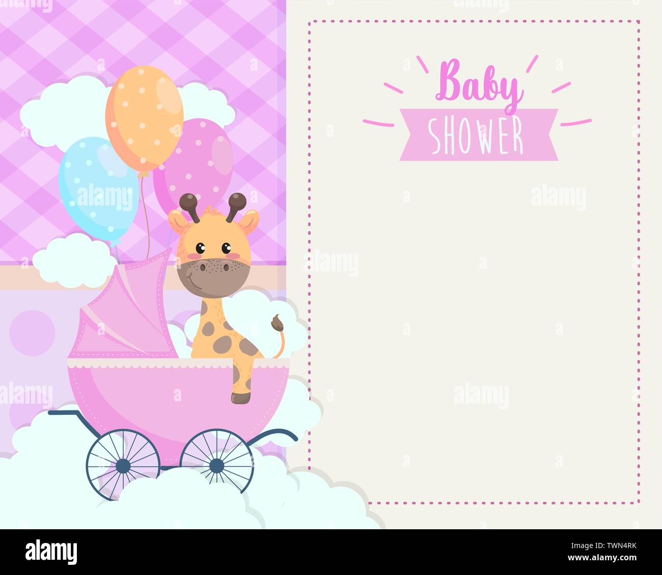 card of cute giraffe in the carriage and balloons to baby shower vector ...