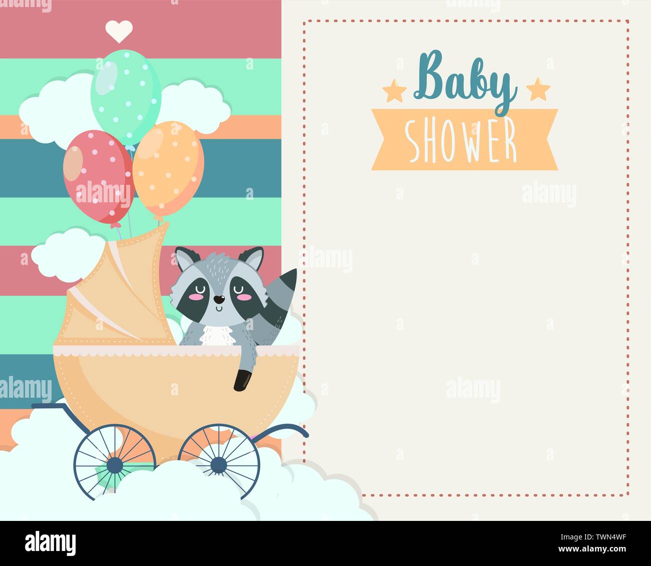 card of cute raccoon in the carriage and balloons to baby shower vector ...