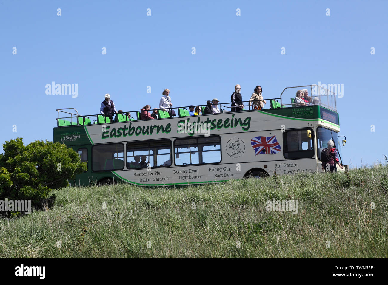 Eastbourne sightseeing bus at Beachy Head, East Sussex, UK Stock Photo