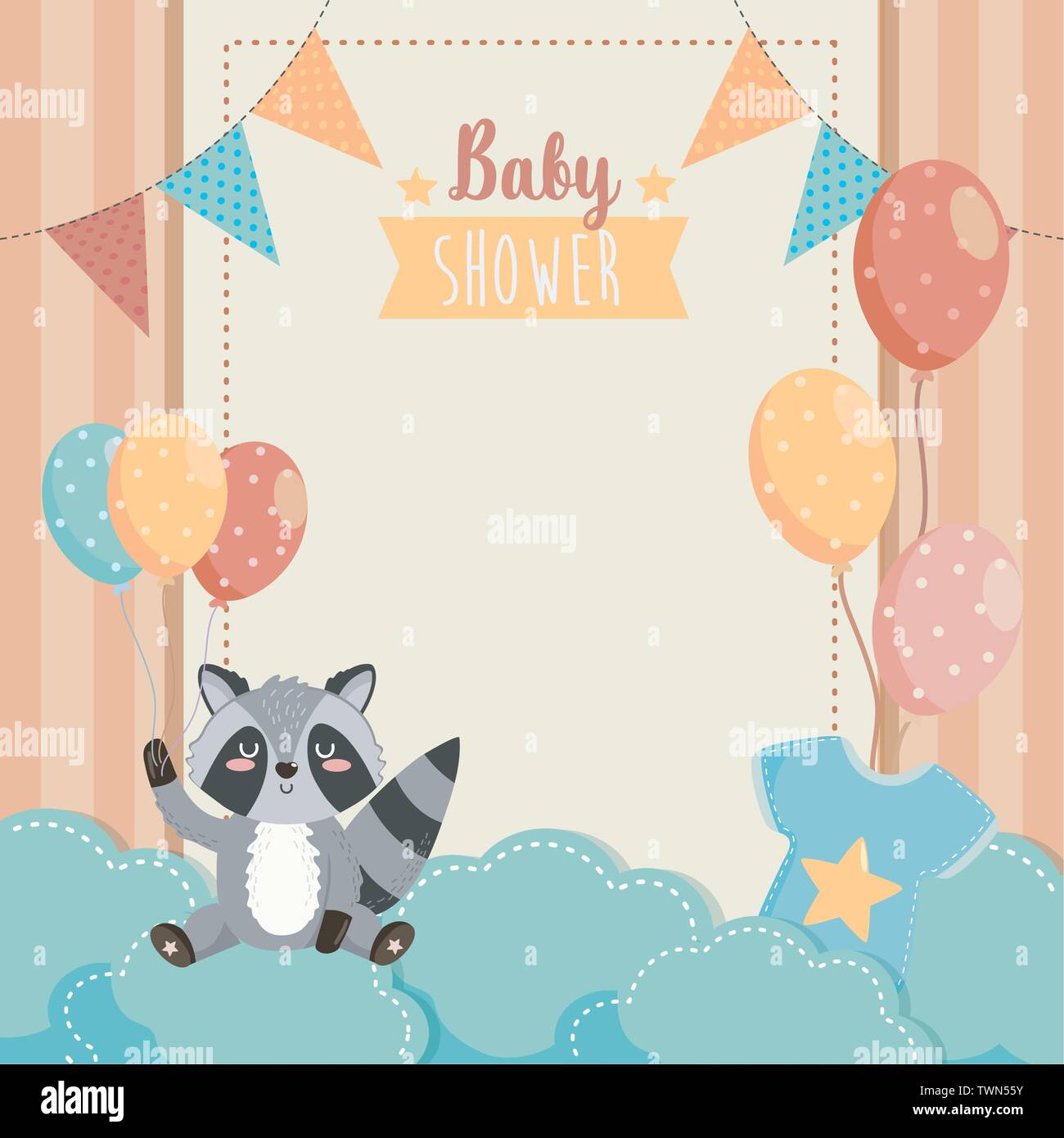 card of cute raccoon with balloons and clouds to baby shower vector ...