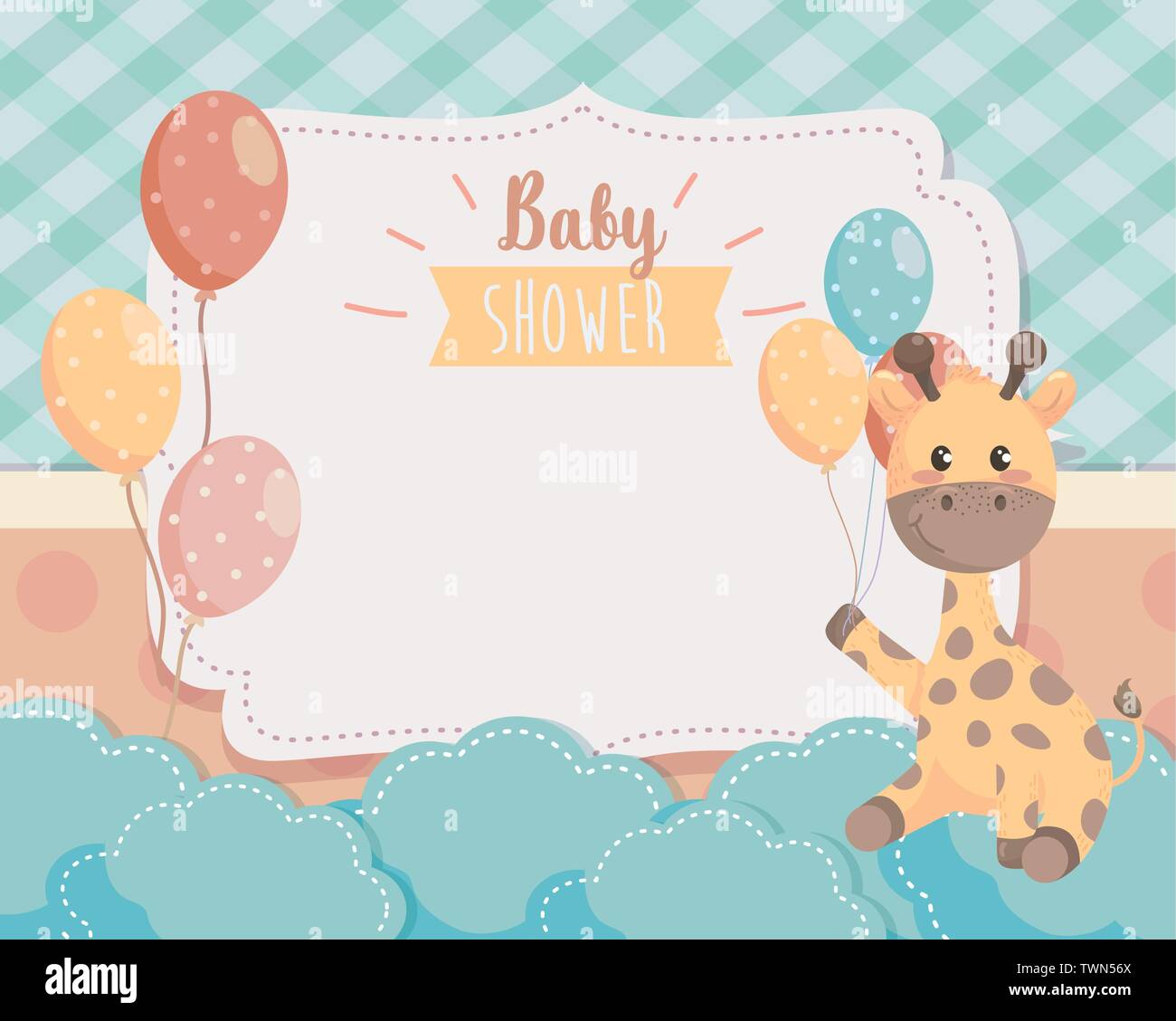 card of cute giraffe with balloons and clouds to baby shower vector ...