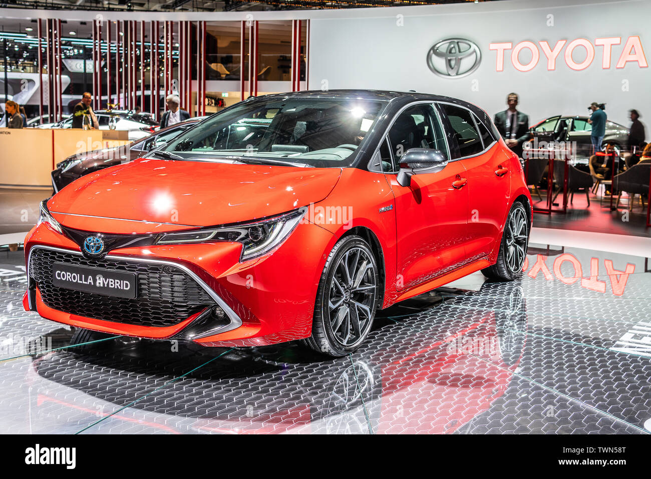 Paris, France, Oct 03, 2018 red Toyota Corolla Hybrid at Mondial Paris  Motor Show, 12th gen, E210 produced by Japanese automaker Toyota Stock  Photo - Alamy