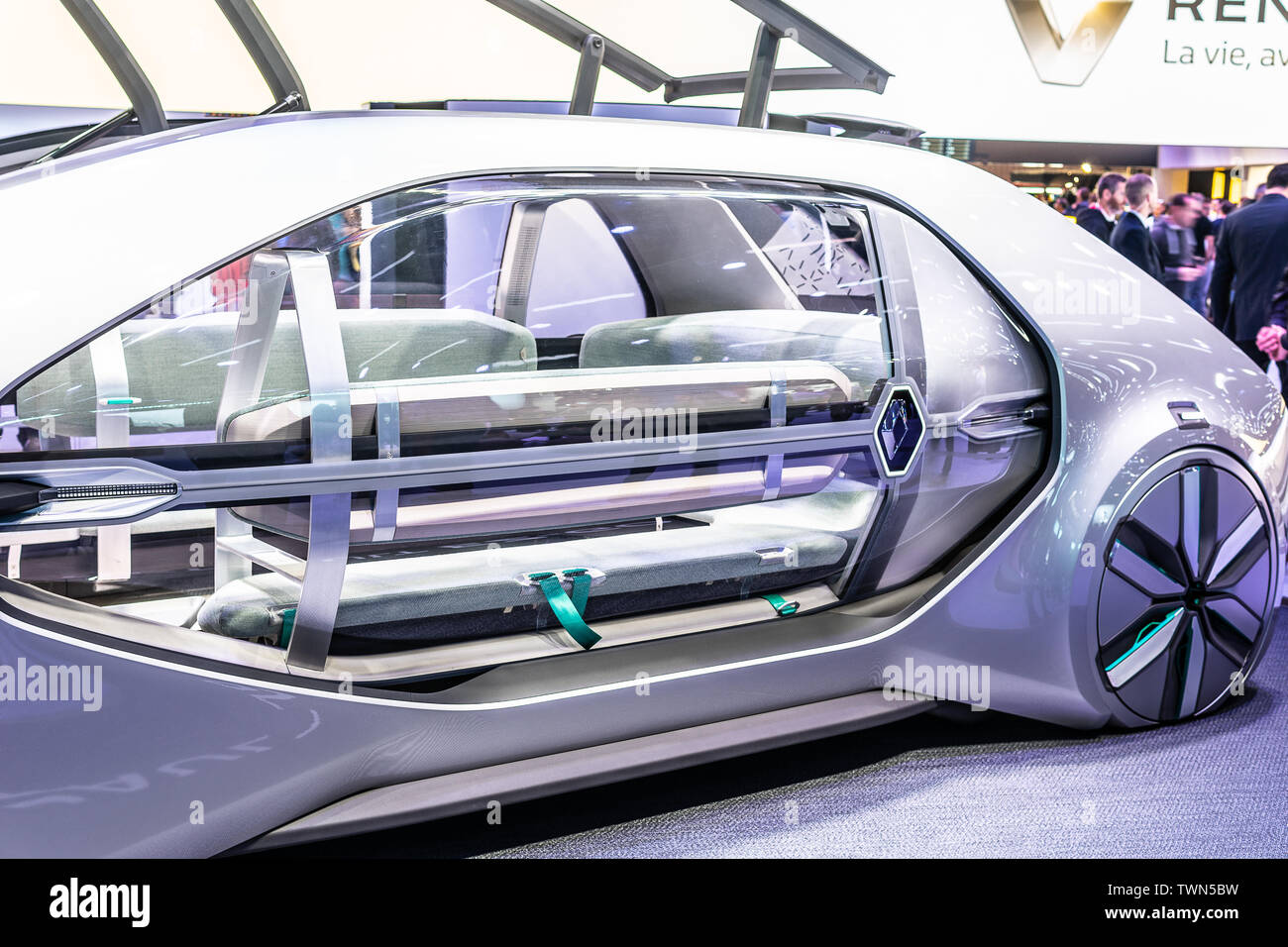 Paris, France, Oct 04, 2018 electric autonomous robot taxi car Renault EZ-GO concept prototype, Mondial Paris Motor Show, autonom produced by Renault Stock Photo