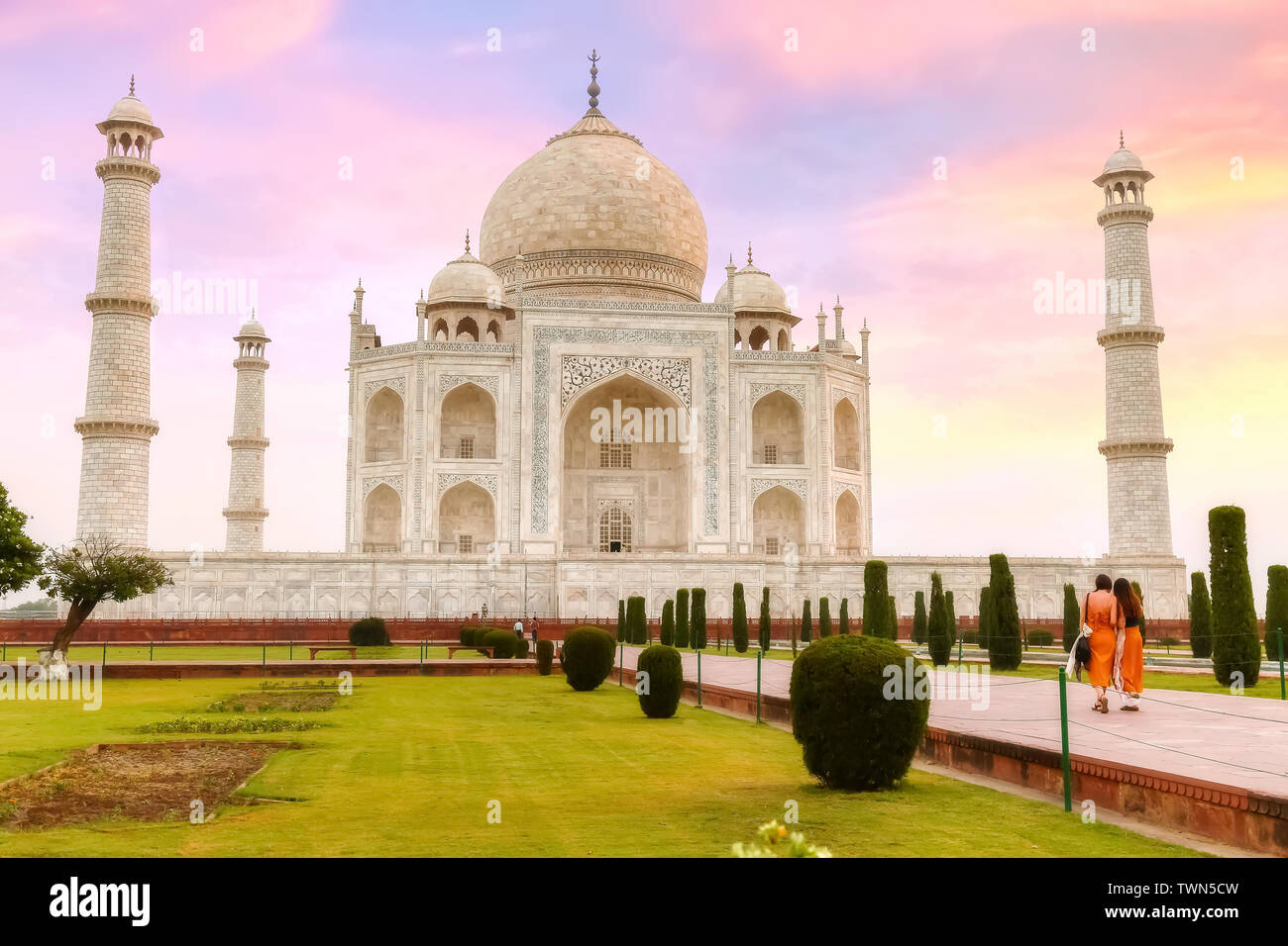Taj Mahal Agra at dawn with moody sky. Taj Mahal has been designated as a UNESCO World Heritage site Stock Photo