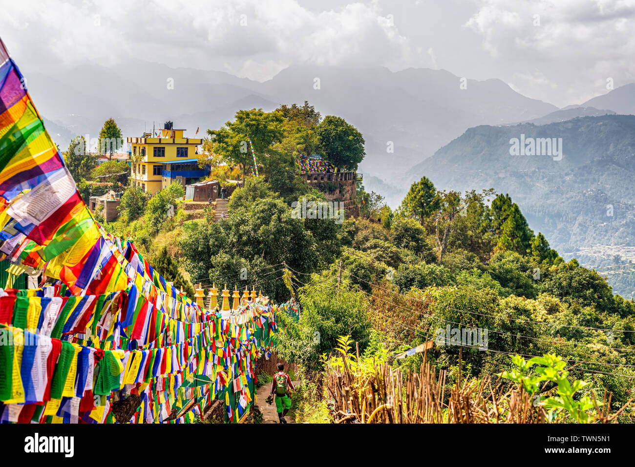 View at the Thrangu Tashi Yangtse Monastery complex called Namo Buddha monastery in Nepal. Build at the place where the prince gave his body to hungry Stock Photo