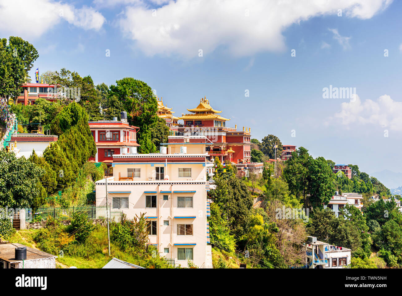 View at the Thrangu Tashi Yangtse Monastery complex called Namo Buddha monastery in Nepal. Build at the place where the prince gave his body to hungry Stock Photo