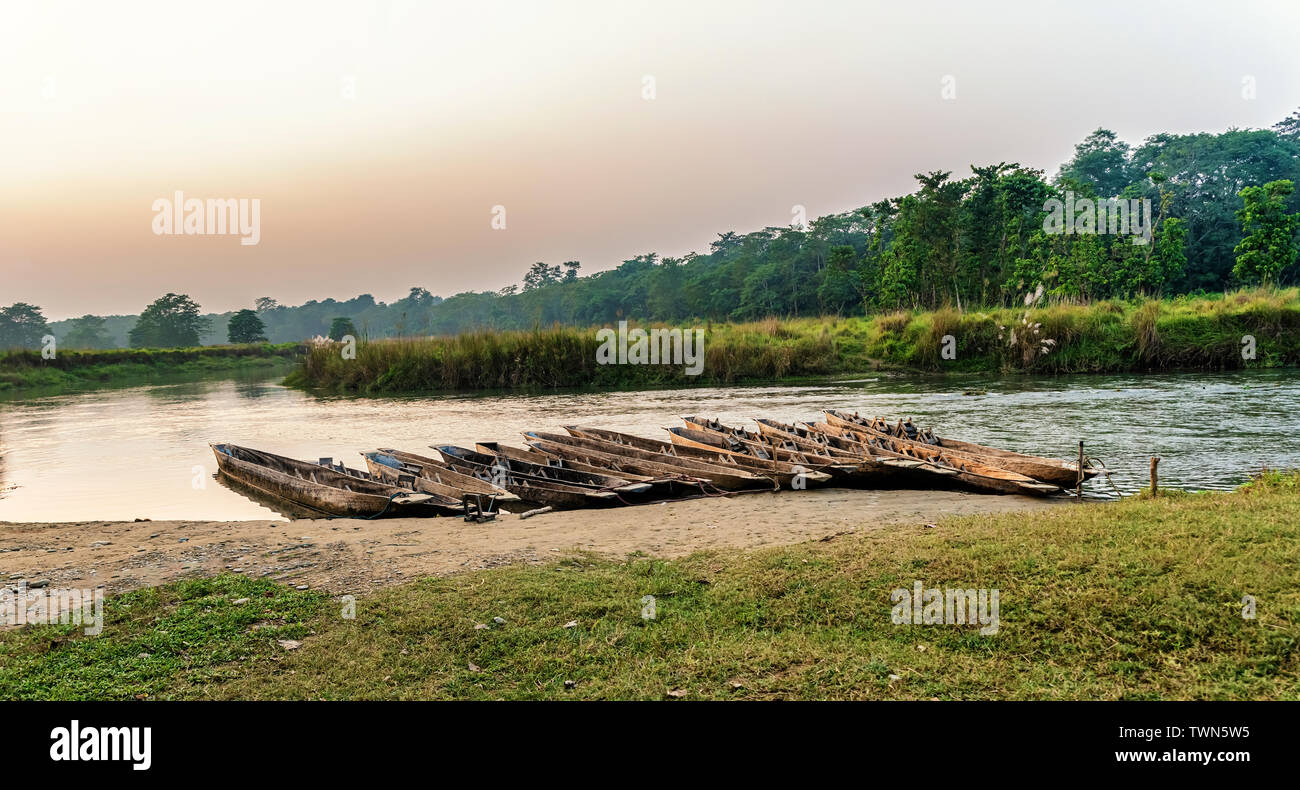View at the Boats made, carved from one piece of wood at the bank of the river in Chitwan National Park, Nepal. Stock Photo