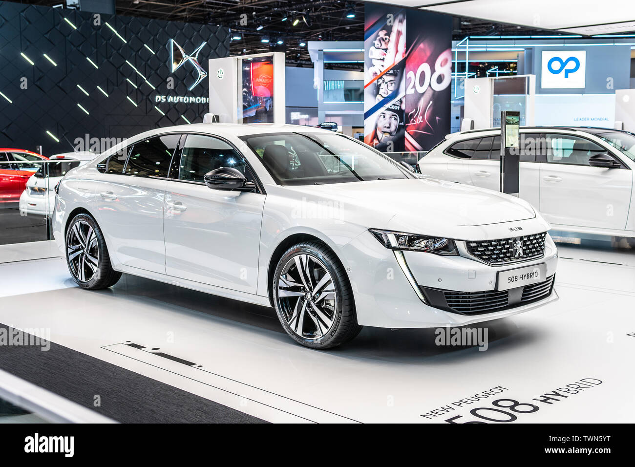 Paris, France, Oct 05, 2018 electric plug in all new Peugeot 508 Hybrid at  Mondial Paris Motor Show, 2nd gen, PSA EMP2 produced by Peugeot Stock Photo  - Alamy