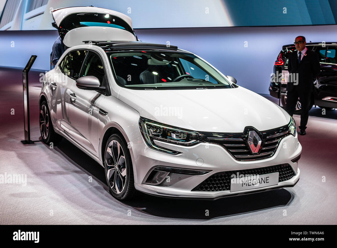 Paris, France, October 05, 2018: metallic white Renault GT Line at Mondial Paris Motor 4th gen car produced by Renault Stock Photo -