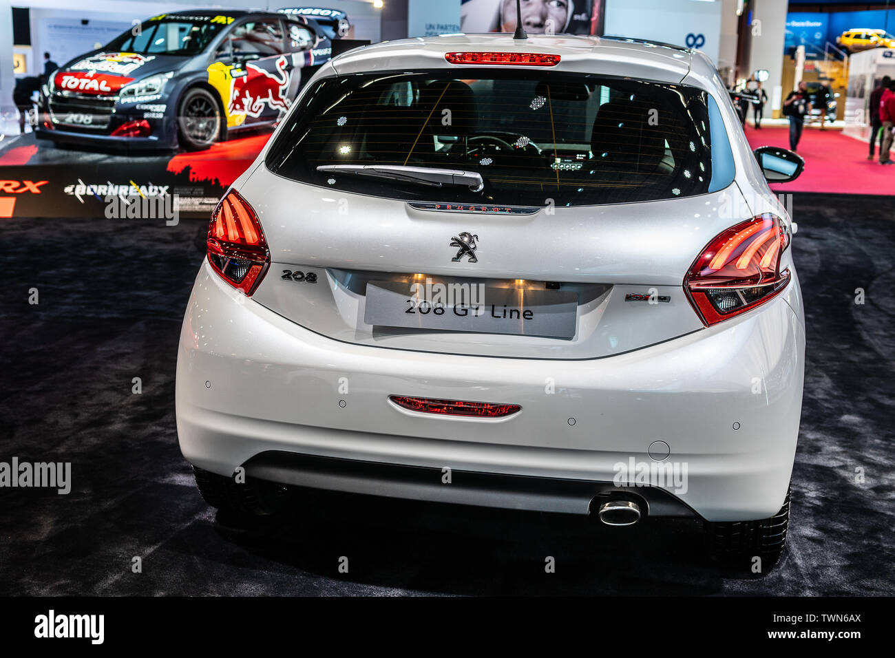 Paris, France, Oct 2018 white new Peugeot 208 GT Line at Mondial Paris  Motor Show, 1st gen facelift car produced by Peugeot Stock Photo - Alamy