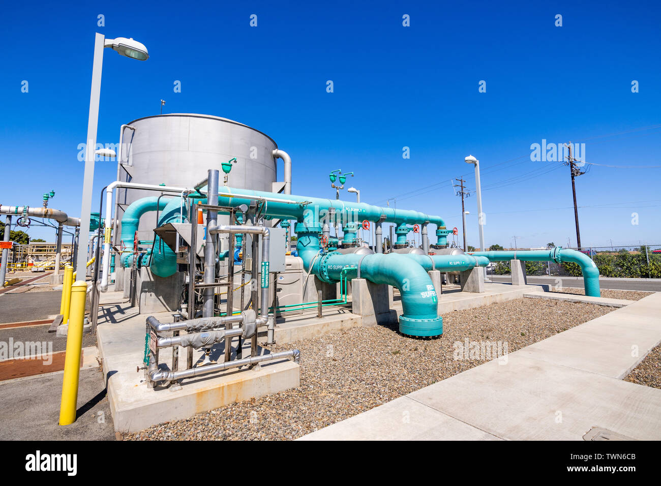June 20, 2019 San Jose / CA / USA - Storage tank at Silicon Valley Advanced Water Purification Center located in South San Francisco bay area; part of Stock Photo