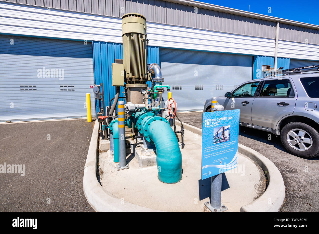 June 20, 2019 San Jose / CA / USA - Reverse osmosis feed pump at the Silicon Valley Advanced Water Purification Center located in San Francisco bay ar Stock Photo