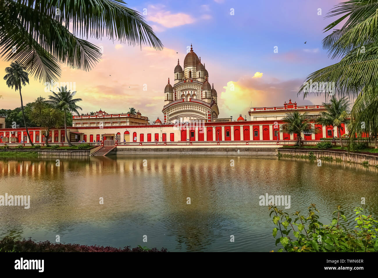 Kali temple at Kolkata Dakshineshwar with scenic landscape at sunset Stock Photo