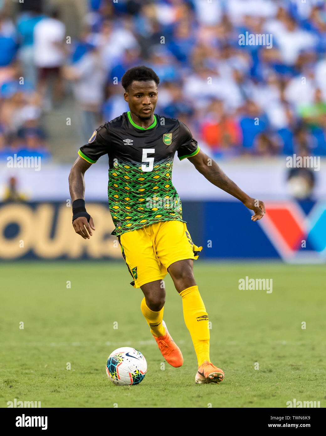 June 21, 2019 : Jamaica defender Elvis Powell (5) during a Concacaf Gold Cup group c match between El Salvador and Jamaica at BBVA Stadium in Houston, Texas. The final ended in a tie 0-0. Maria Lysaker/CSM Stock Photo