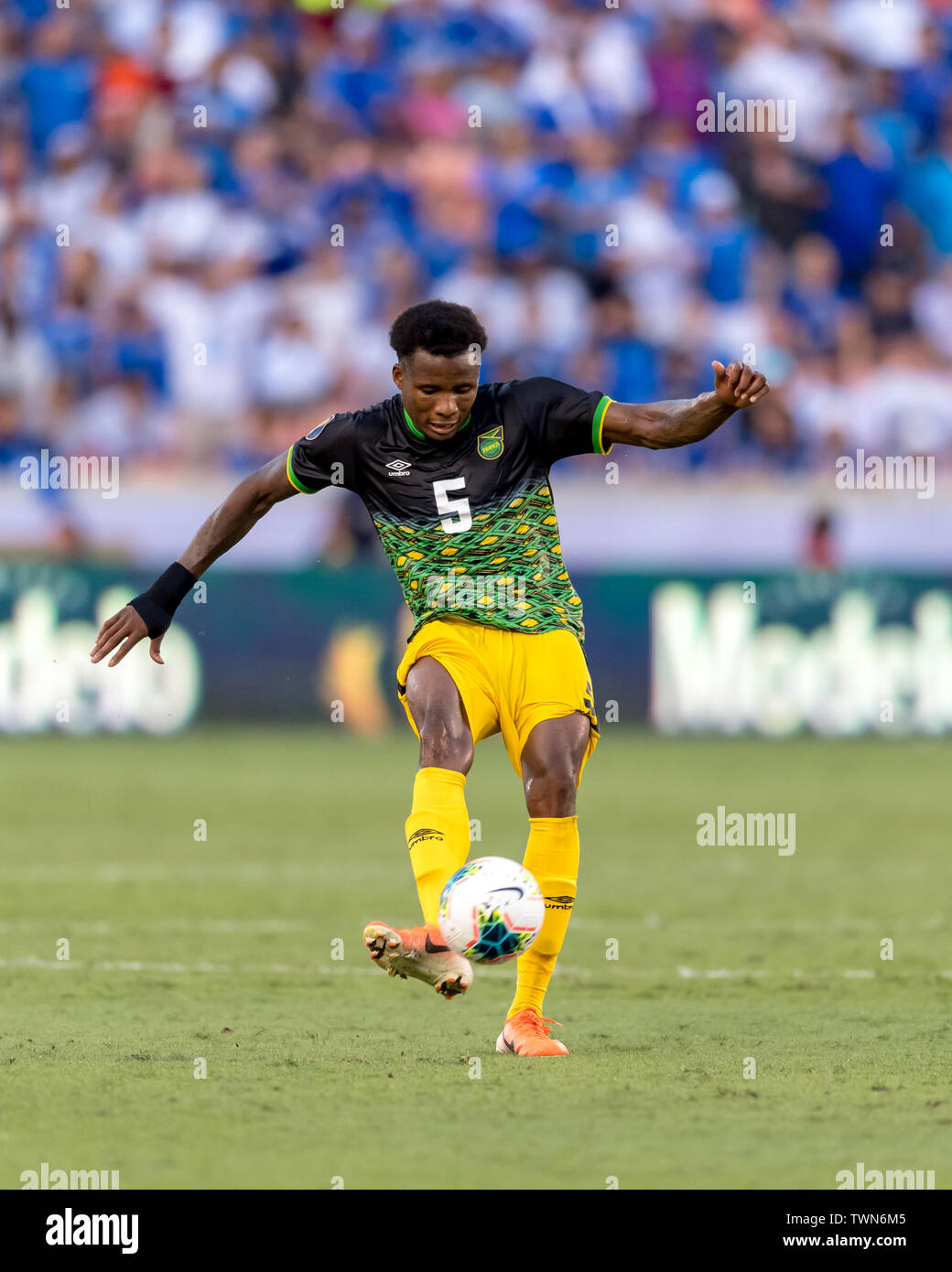 June 21, 2019 : Jamaica defender Elvis Powell (5) during a Concacaf Gold Cup group c match between El Salvador and Jamaica at BBVA Stadium in Houston, Texas. The final ended in a tie 0-0. Maria Lysaker/CSM Stock Photo