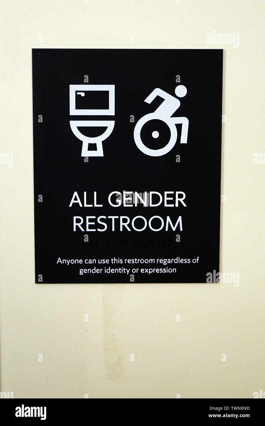 Sign on a bathroom at Syracuse University, New York. The sing reads 'all gender restroom' Stock Photo