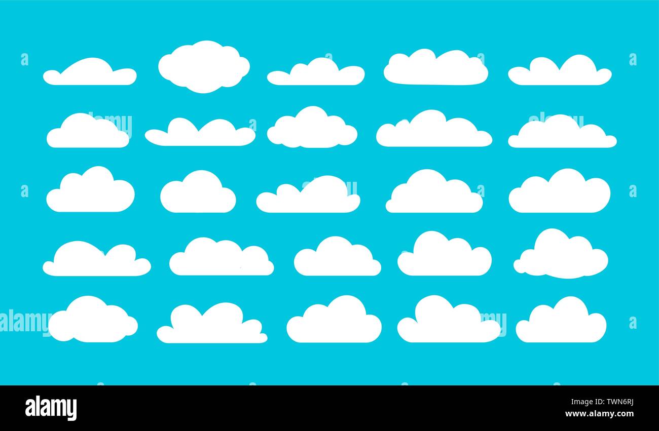 Set of different cartoon clouds on blue sky. Cartoon vector illustration Stock Vector