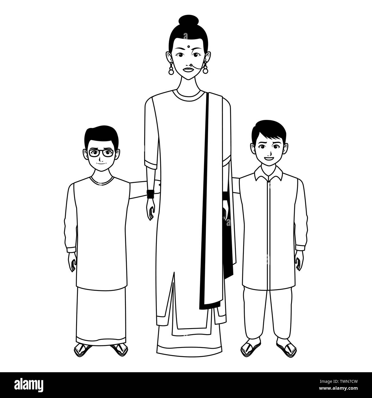 indian family avatar cartoon character in black and white Stock Vector ...